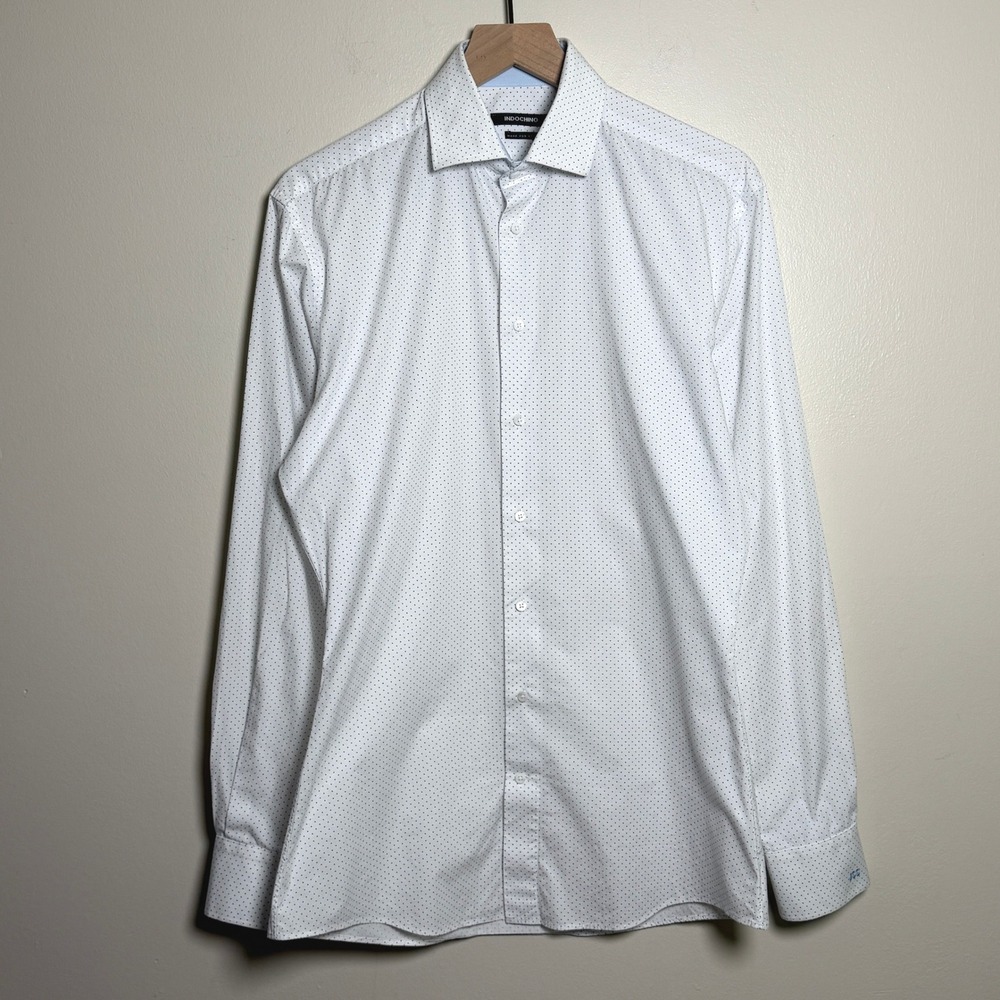 Indochino Mens White Blue Micro Polka Dot Custom Tailored Cotton Dress Shirt